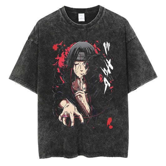Anime Naruto Shippuden Washed Distressed Short Sleeve T-Shirt American High Street Vintage Style Tie-Dye Short Sleeve Anime