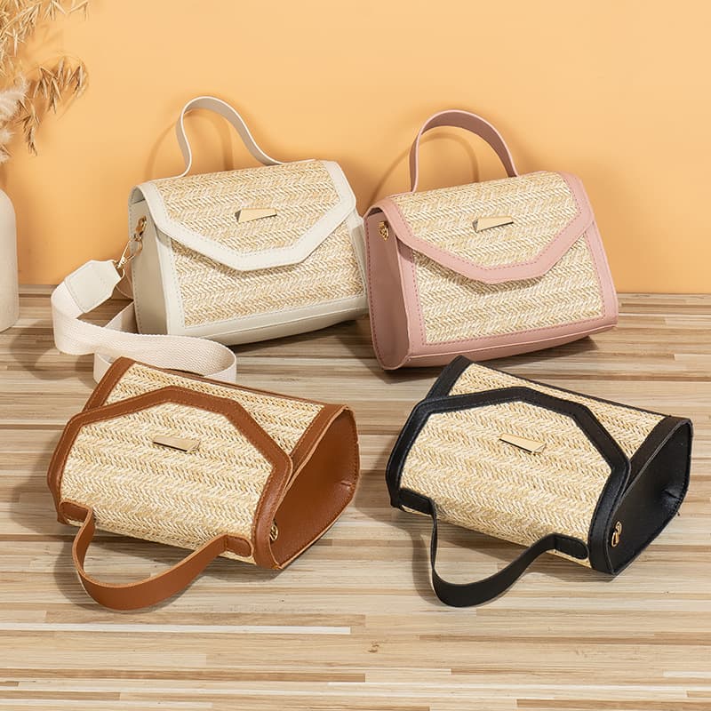 Ladies Handbag 2023 New Style Woven Texture Contrast Color Metal Plate Webbing Strap Crossbody Small Square Bag