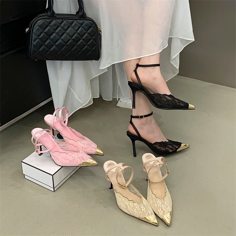 Miting One-Strap Stiletto Open-Toe Sandals Spring/Summer New Sexy Lace Pointed Toe Gold-Trimmed Mesh High Heels