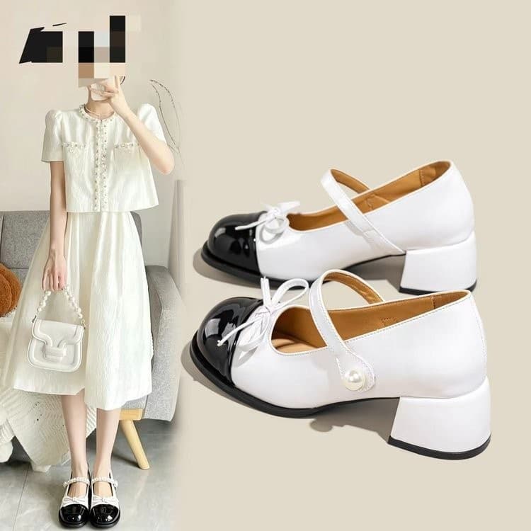 Bow Chunky Heel British Style Leather Shoes for Women 2026 Summer New Trendy Round Toe Mary Jane Flats to Match Dresses