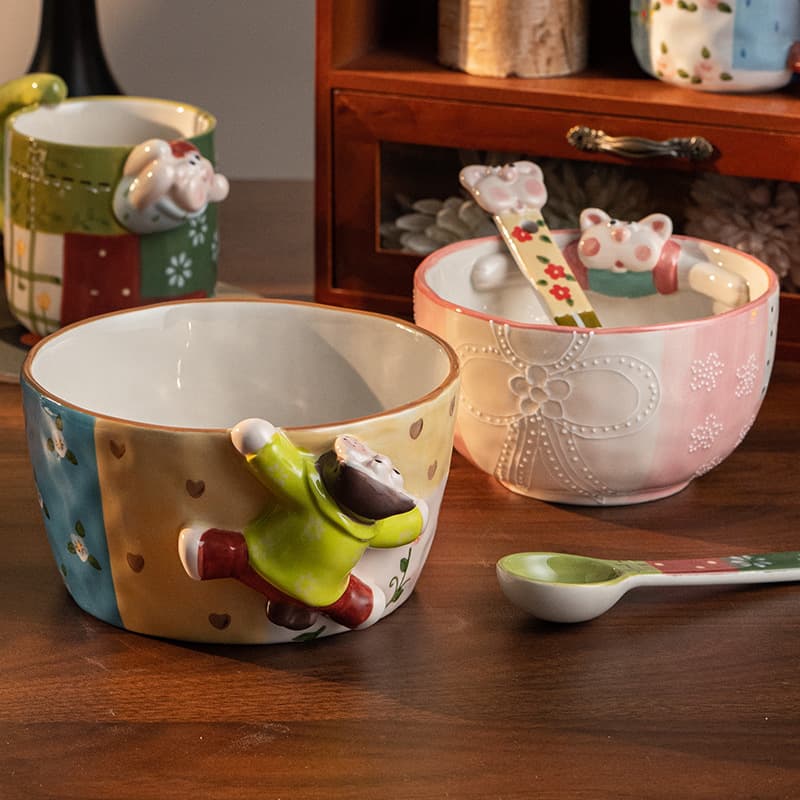 Hand-painted Rice Bowl, Household Ceramic Salad Bowl, Noodle Bowl, High-Aesthetic Design, Cartoon Dining Bowl