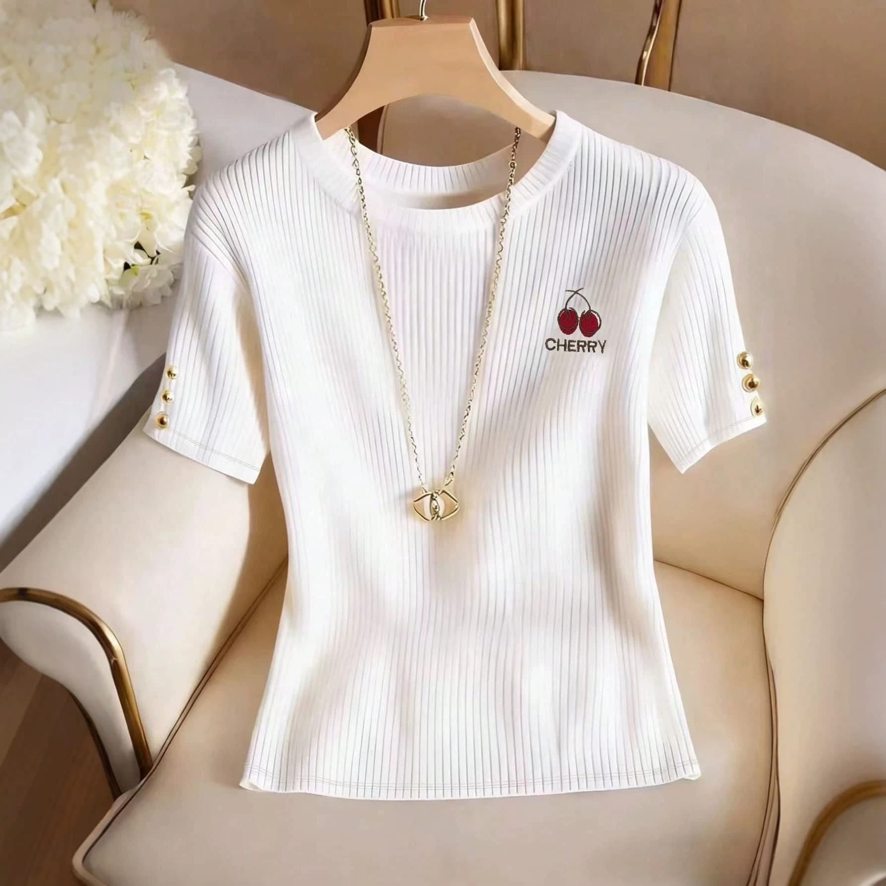 Amazon 2026 hot-selling cherry embroidered pit strip T-shirt cross-border women's clothing slimming short-sleeved top