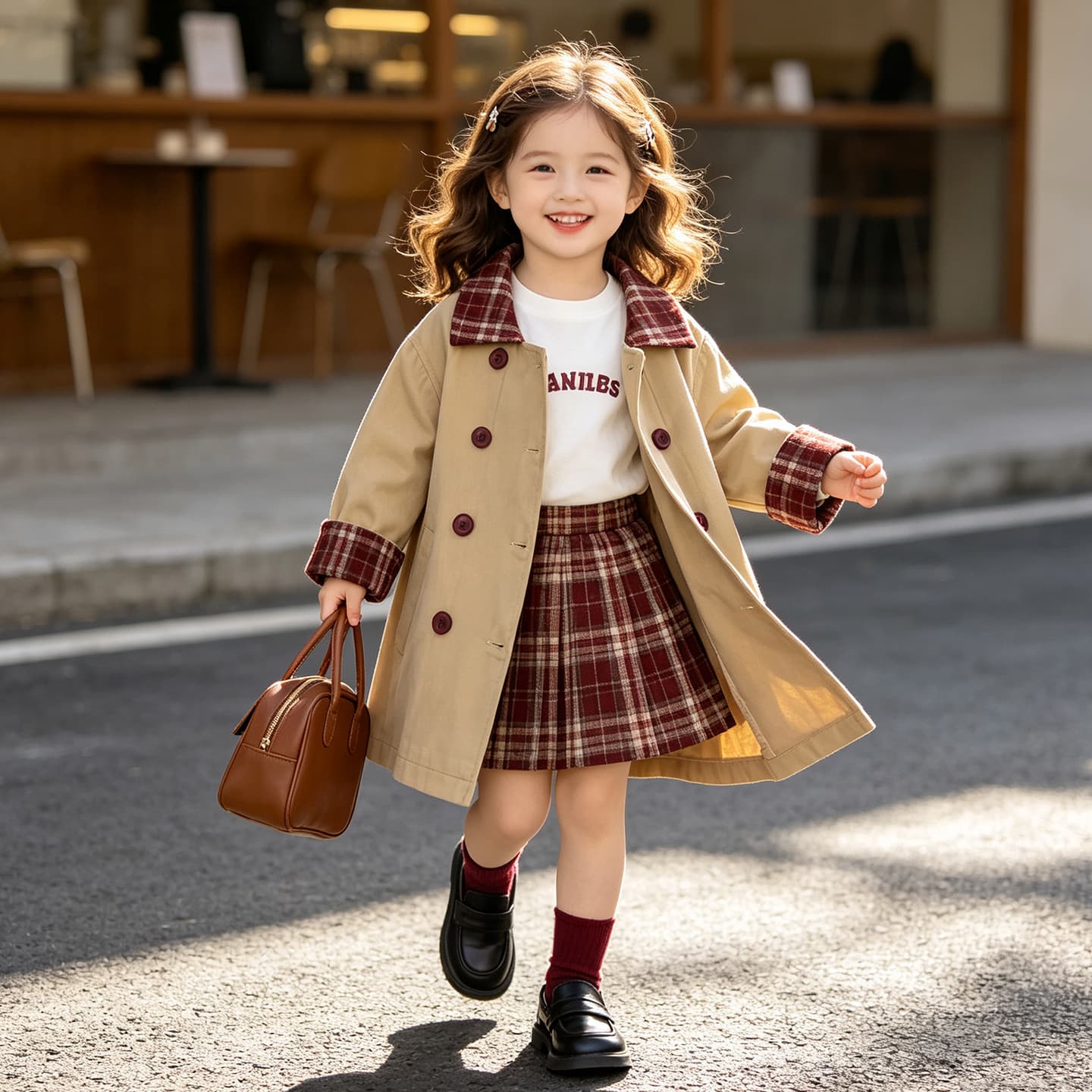 Cross-Border Kids' Outerwear One-Piece Drop Shipping Girls' Coat Autumn New Plaid Collar Korean Style Trench Coat Wholesale
