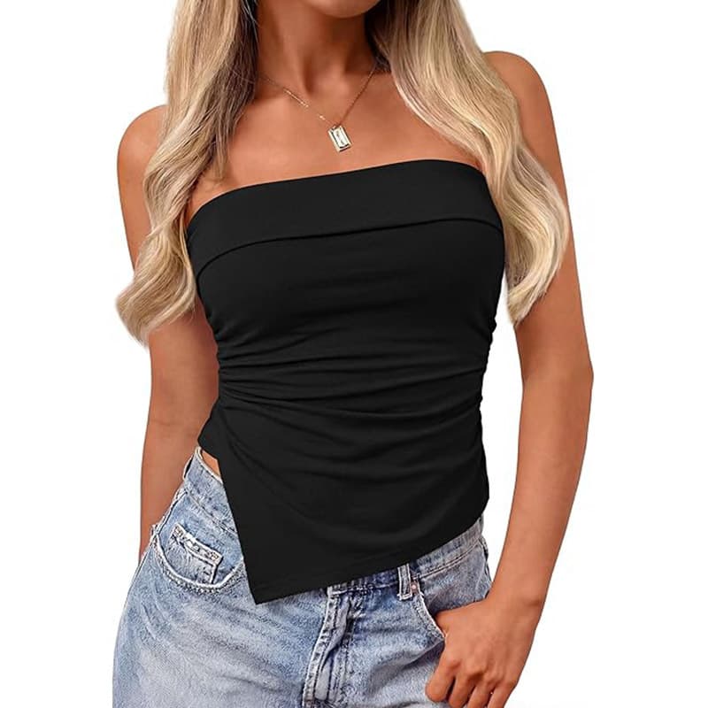 2026 Summer New Sexy Spicy Girl Pleated Slit Irregular Tube Top Women's Cross-border Sexy T-Shirt
