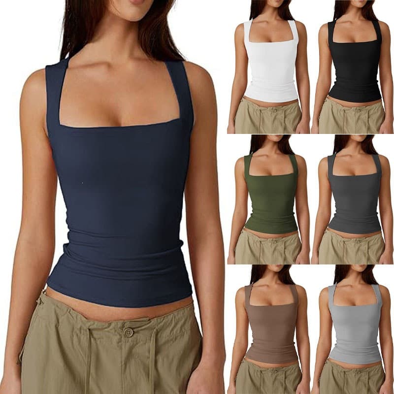 Amazon European and American square neck wide shoulder strap camisole sleeveless slim short solid color inner bottoming top for women