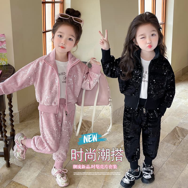 Girls Spring Suit 2024 New Sports and Leisure Hooded Spring and Autumn Children's Clothes Fashionable Sequins Two-piece Set