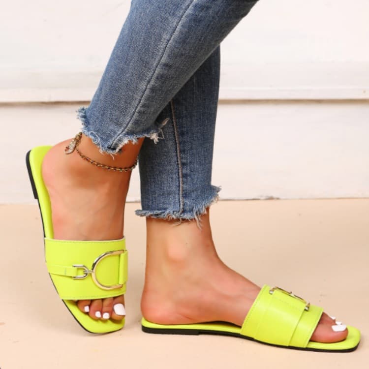 New Color Large Size Export Cross-Border Square Toe Metal Buckle Fluorescent Flat Sandals Women's Fashion Shoes