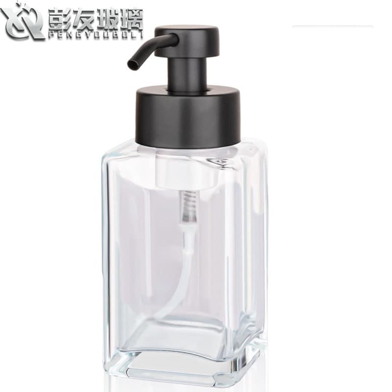 Factory direct supply 350ml flat shoulder square glass bottle stainless steel foam press pump kitchen bathroom hand sanitizer bottle