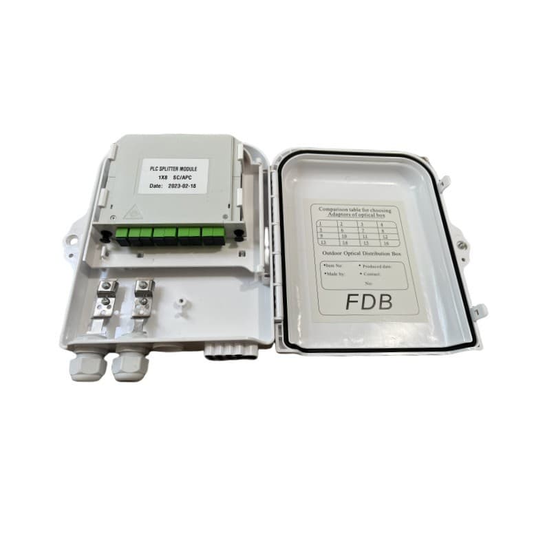 8-core fiber optic cable distribution box, waterproof fiber optic splitter box, 2 inputs and 8 outputs, splitter model.