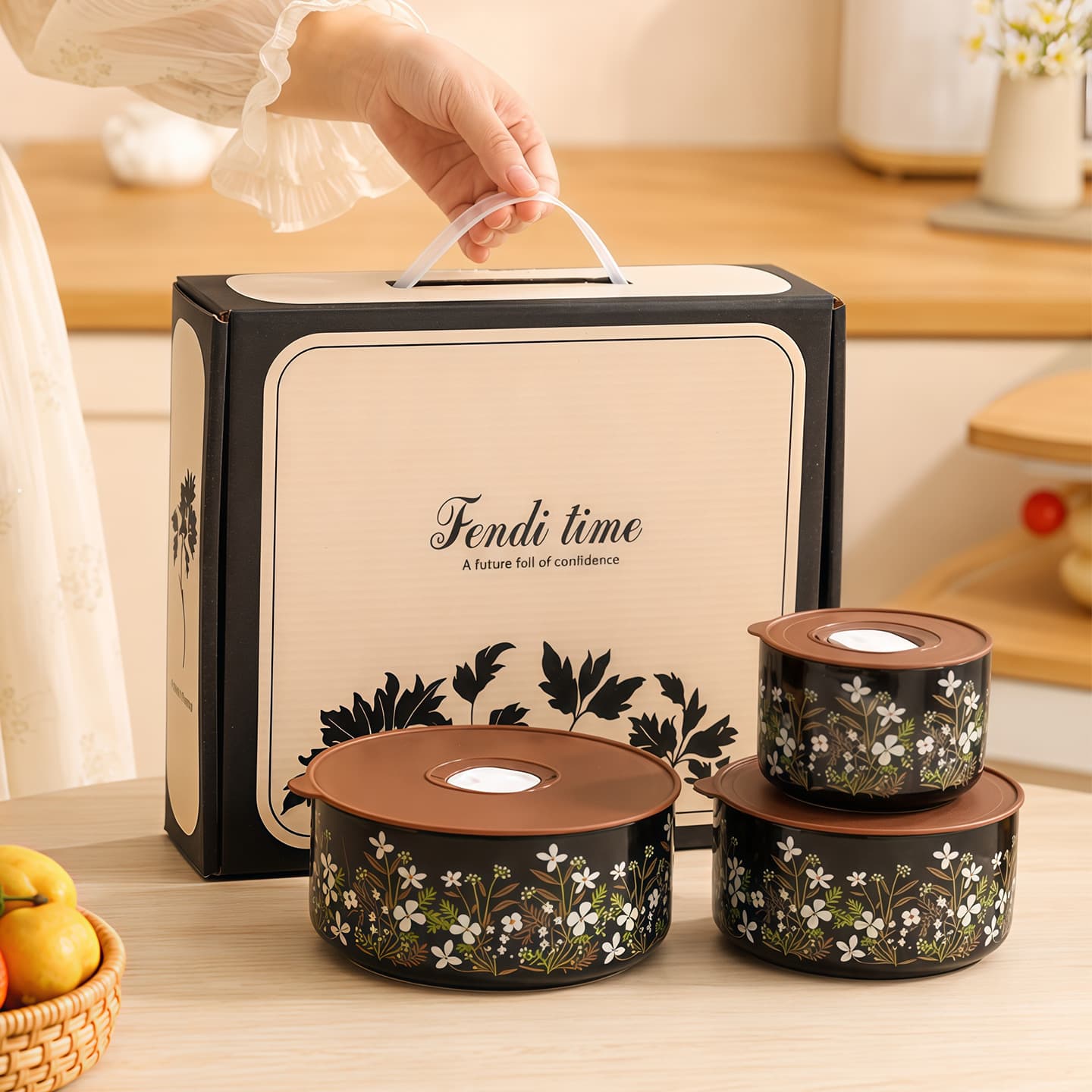Ceramic Lunch Box Microwave Safe Food Storage Bowl 3-Piece Set with Lids Noodle Bowl Food-Grade Storage Container Gift