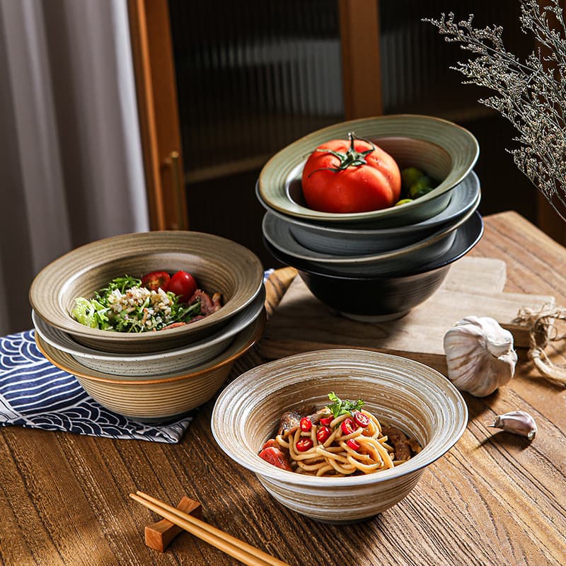 Straw hat bowl stoneware Japanese style high-looking household vegetable bowl Western food pasta bowl salad bowl simple handmade kiln tableware