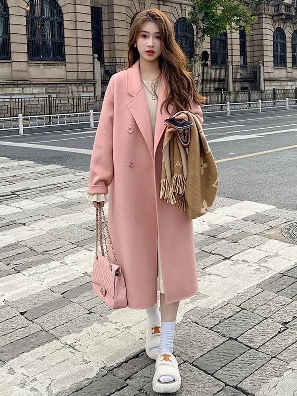 Pink Wool Coat for Women 2025 Fall/Winter New Style Korean Loose Mid-Length Audrey Hepburn Style Woolen Overcoat