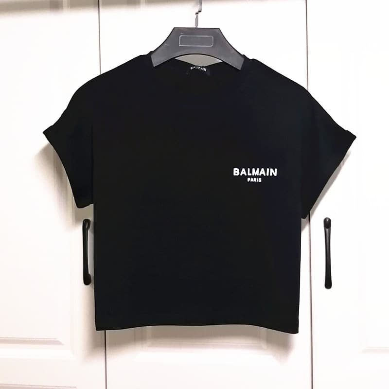 European and American trendy brand new Balmain T-shirt short style flocked small letter integrated rolled sleeve all-cotton versatile Balmain