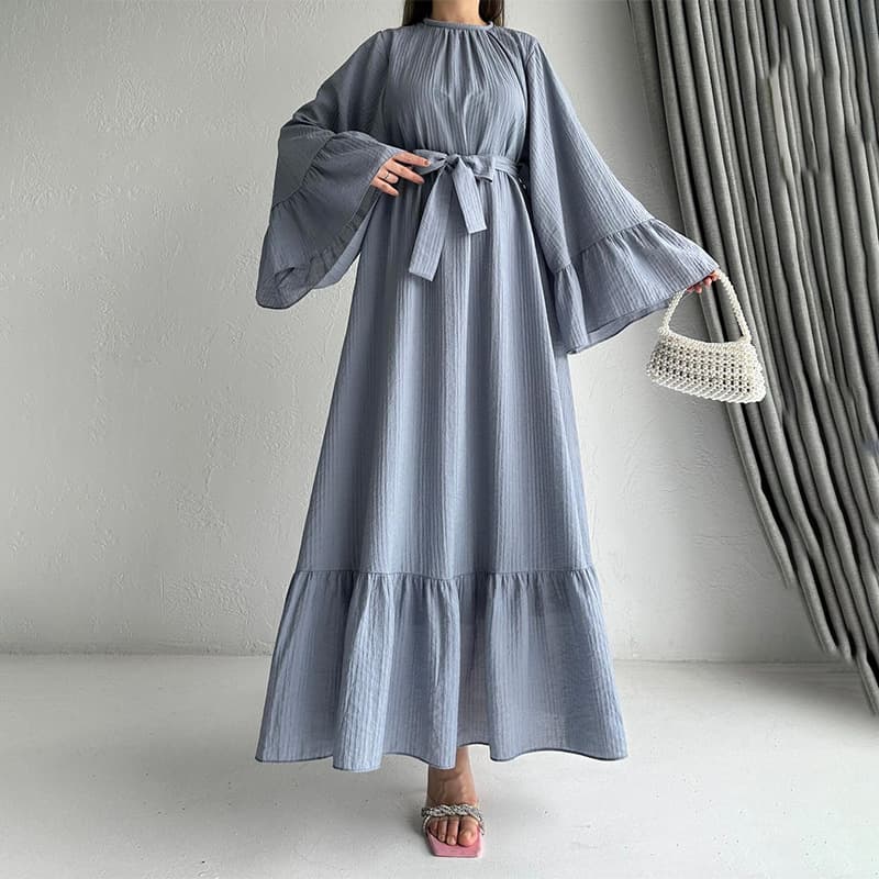 2025 European and American Women's Fashion Cross-border Autumn Round Neck Flared Sleeve A-line Solid Color Casual Long Tie Dress