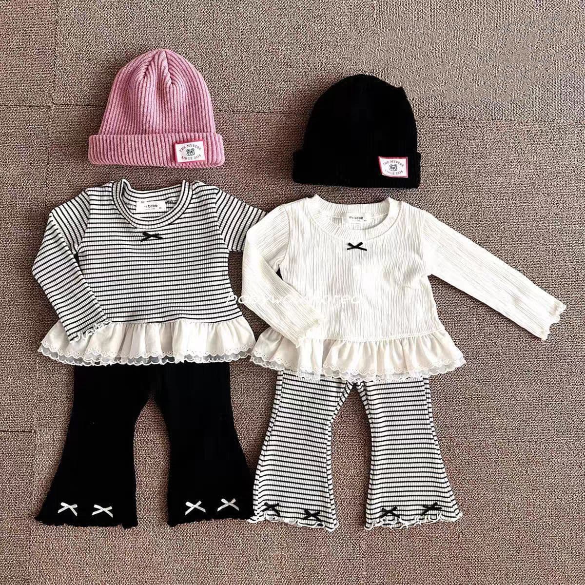 Children's clothing spring and autumn girls Korean style long-sleeved lace tops striped bell pants fashion new casual clothes for small and medium-sized children