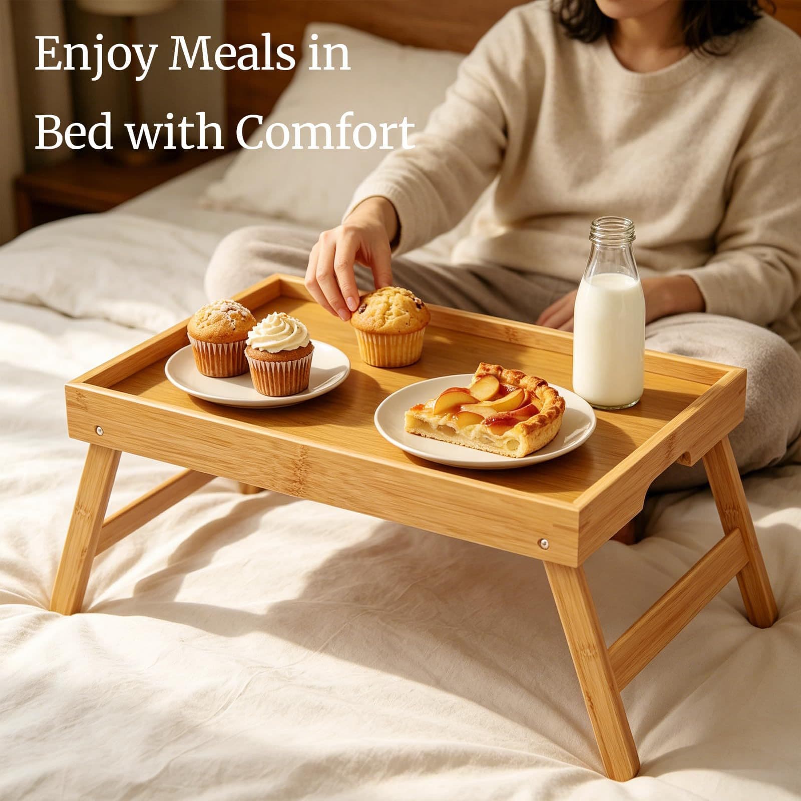 Bamboo Bed Tray with Folding Legs, Breakfast Food and Snack Working Laptop Tray (Natural)