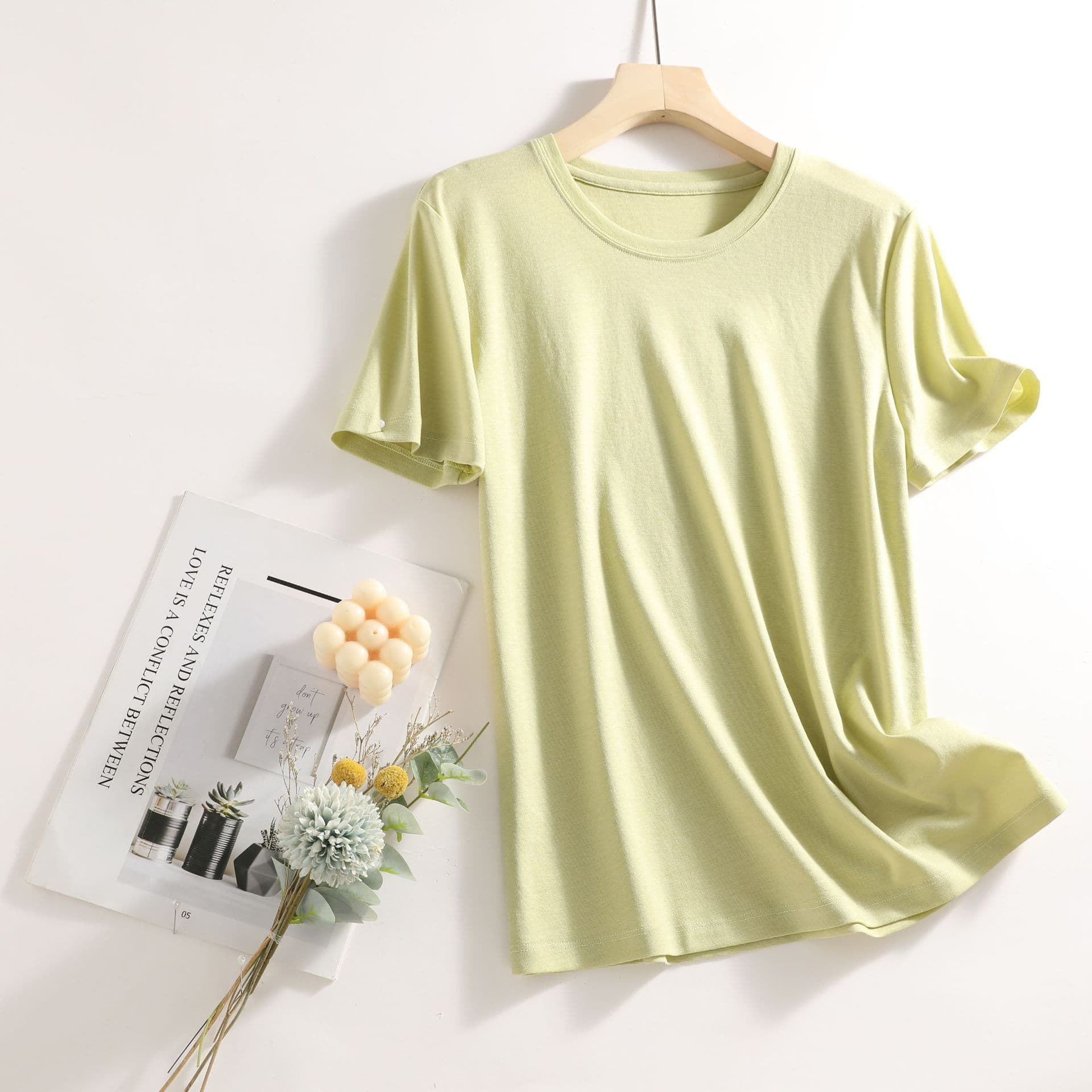 Silk Short Sleeve T-Shirt for Women, Versatile Solid Color White Mercerized Cotton T-Shirt, Round Neck V-Neck Short Sleeve T-Shirt, Base Layer Top for Women