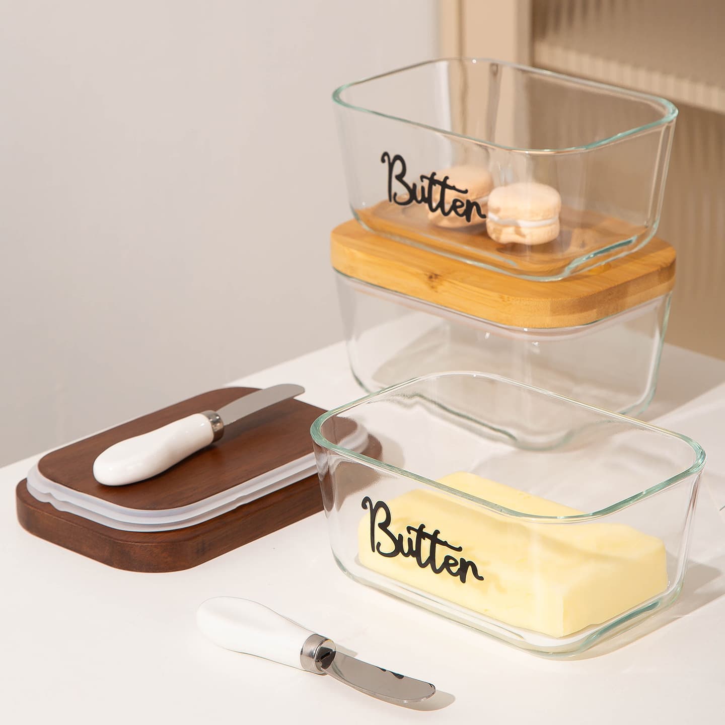 INS style transparent glass butter box with wooden lid butter knife sealed crisper cheese butter storage butter dish