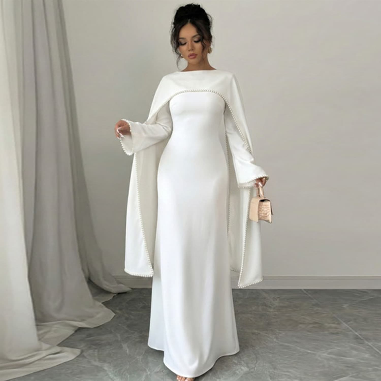 2026 Loriya Long Sleeve Adjustable Waist Dress + Beaded Shawl LR1167
