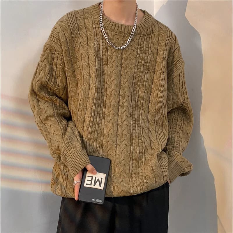 Retro Japanese Style Men's Knitted Sweater Thickened Loose Pure Color Twist Autumn Winter Fashion Casual Crew Neck Top