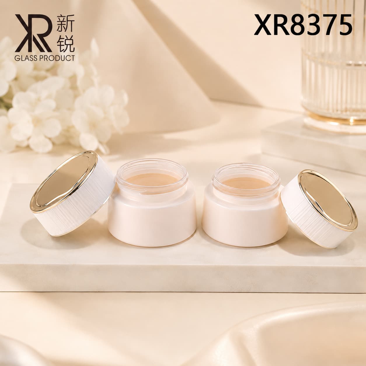 In Stock Round Glass Bottle Set, Milky White Bottle with Gold Top Lid, 40ml Foundation Bottle, 30g Cream Jar
