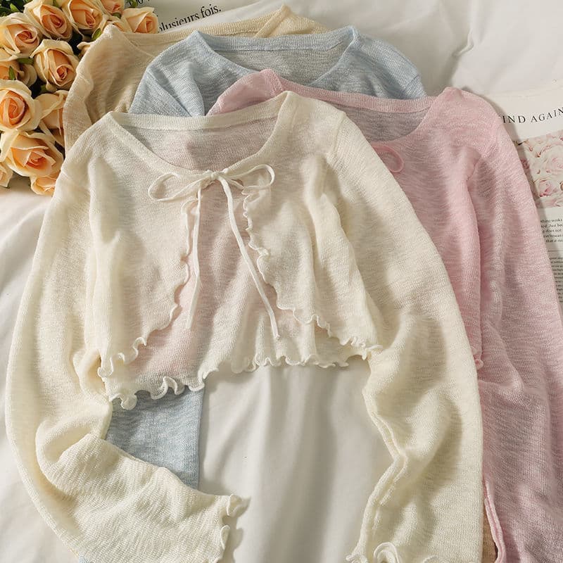 Tie-Front Cardigan Sun Protection Shirt for Women Shawl Strappy Outer Layer Summer Ice Silk Scalloped Long Sleeve Cover-Up Chiffon Short Jacket