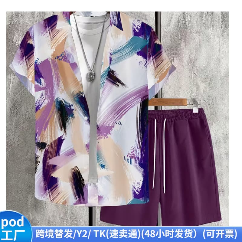 Y2 Amazon European and American Style Men's Printed Shirt Set Loose Shorts Two-Piece Set