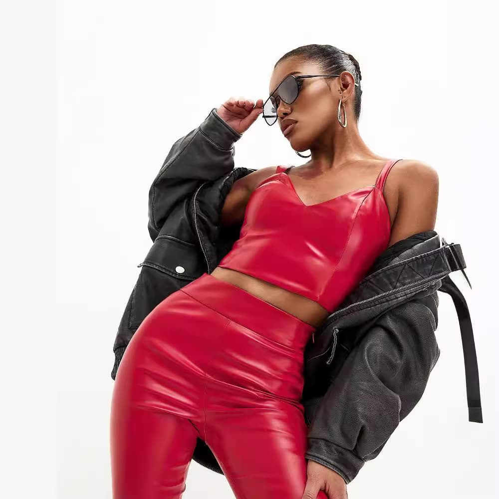 Cross-border European and American Women's Fashion 2024 New High-Waist Shiny PU Leather Pants Black Flared Long Pants for Women