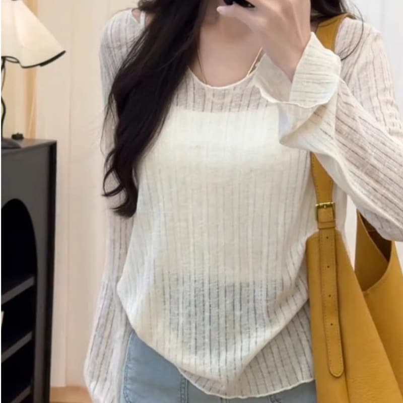 Thin Slightly Sheer Sun Protection Knit Top for Women, Hollow-Out Summer New Style, Ribbed High-End Breathable Base Layer Long Sleeve Shirt