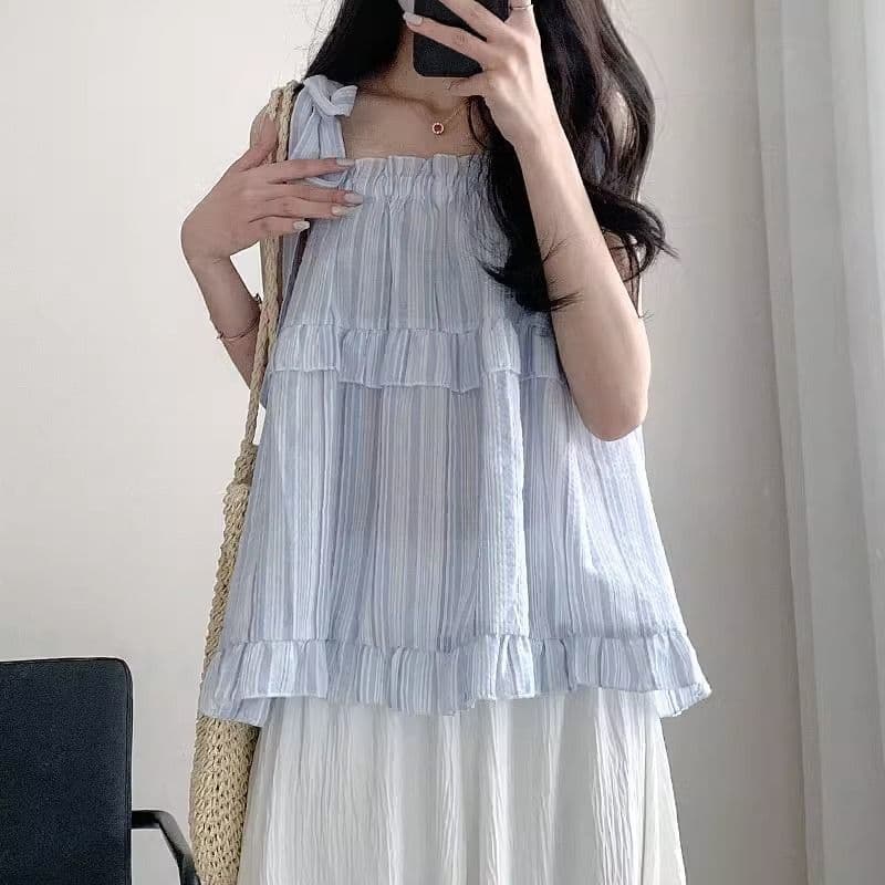 2026 sweet and spicy style fresh strappy vest suspender women's summer new Korean style high-waist slim babydoll top