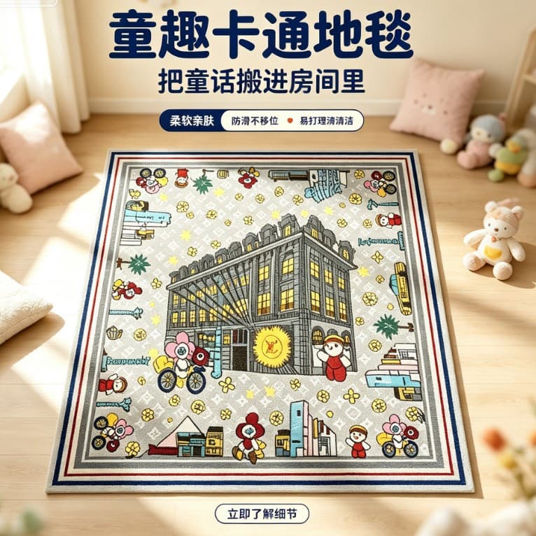 Cartoon city building square carpet thickened acrylic living room bedroom children's room carpet home anti-slip customizable