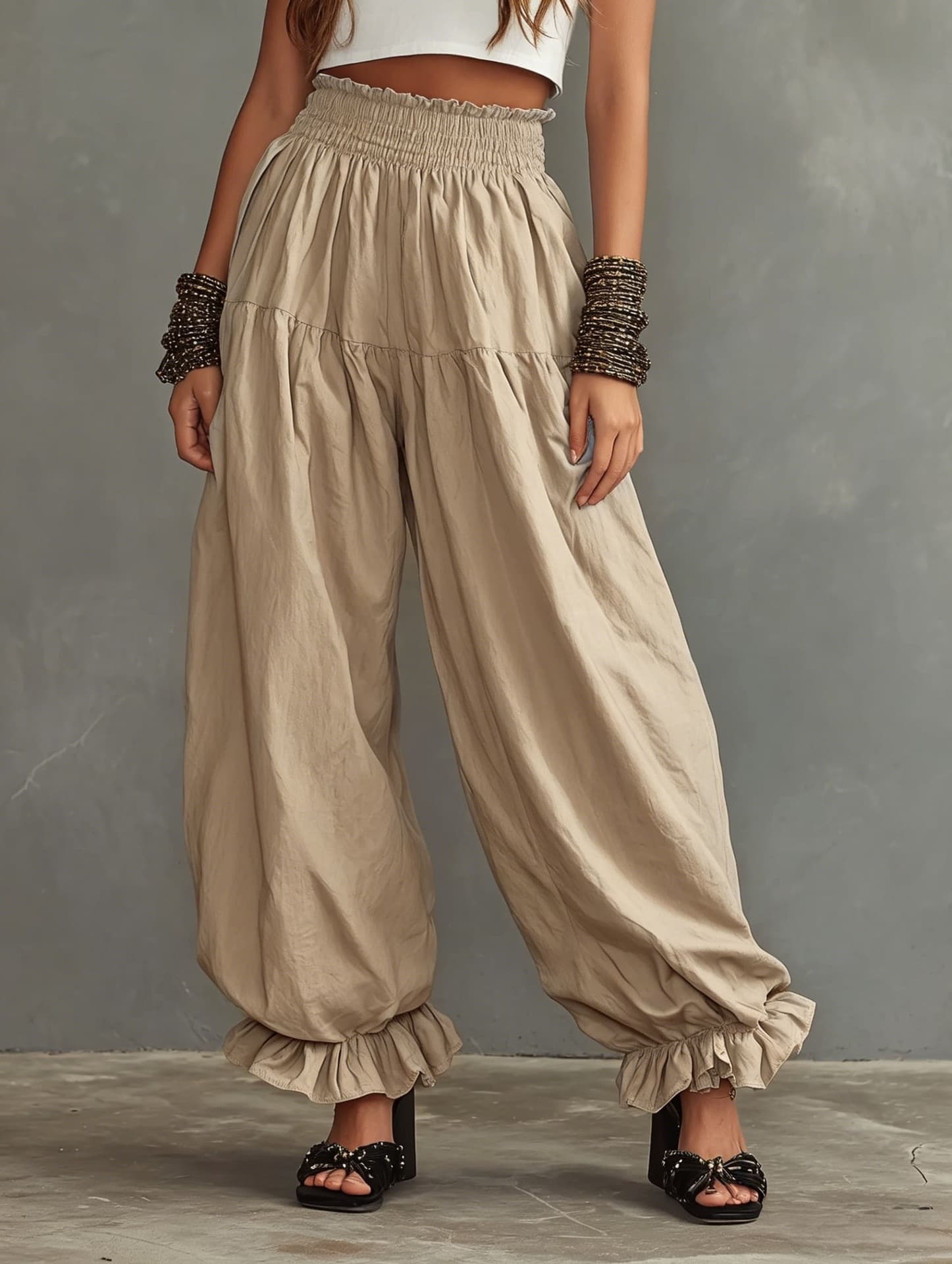 Summer Cross-Border European and American Amazon Hot Selling Harem Pants Lazy Style Ruffled Hem Loose Casual Pants Women Wholesale