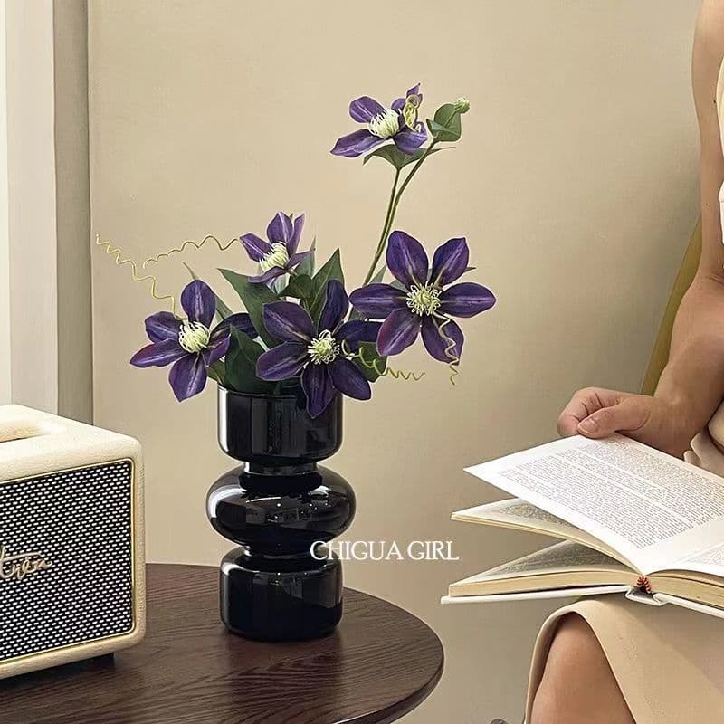 Ins-style Black Glass Vase for Living Room, Vintage Minimalist Retro Glass Vase for Hydroponic Flowers