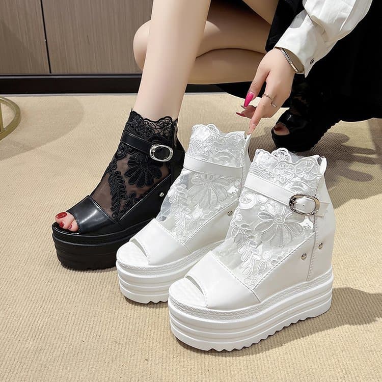 2026 Summer Black Peep-Toe Plus Size Sandals Ultra-High Heel Platform Thick Sole Hollow Embroidered Hidden Wedge Sandals
