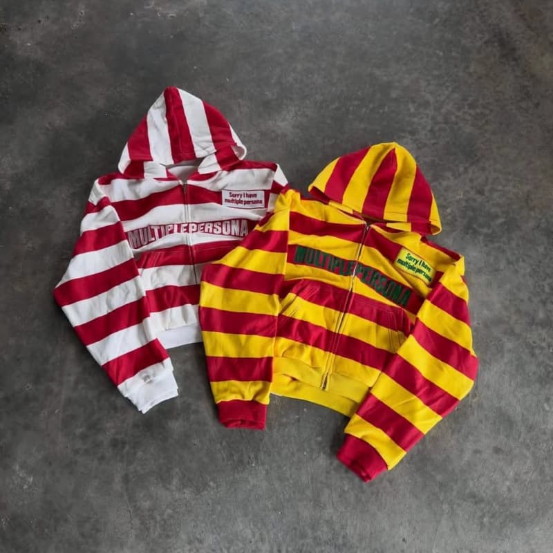 Striped hooded sweatshirt for women American retro letter print Y2K hot girl subculture loose short zipper outer