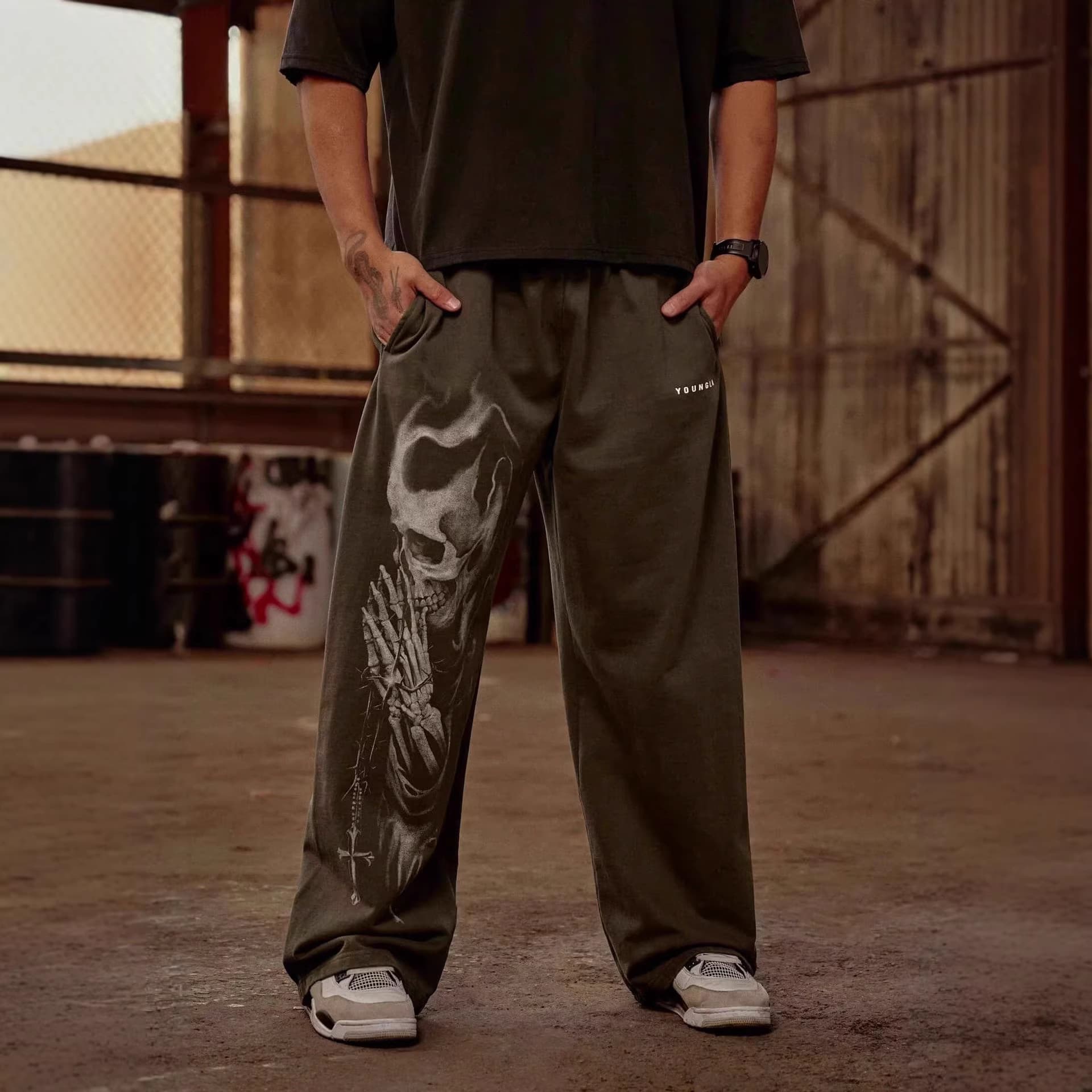YOUNGLA New Men's Fitness Sweatpants American High Street Retro Hip-Hop Style Printed Casual Trousers
