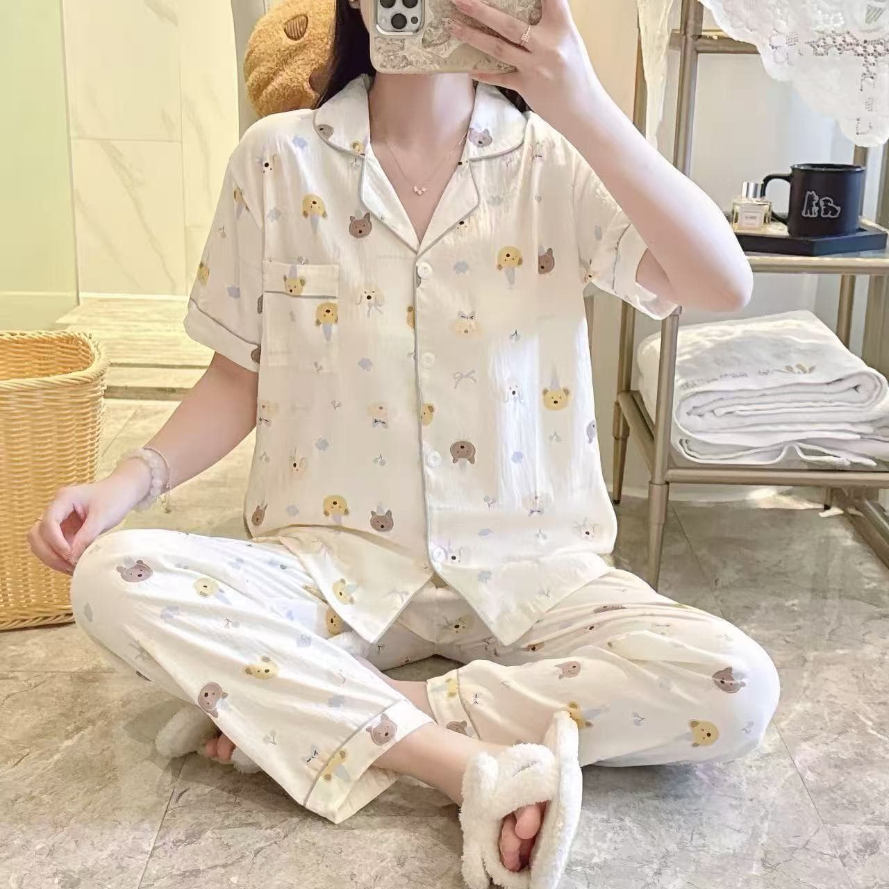 SHEIN Cross-border Trade Short Sleeve Long Pants Cloud Cotton Notched Collar Sweet Loose Plus Size Women's Pajama Set