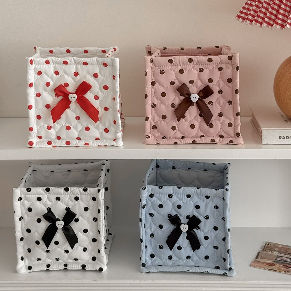 Cross-border Large Polka Dot Quilted Square Storage Basket with Bow, for Dorm Desk and Bedside