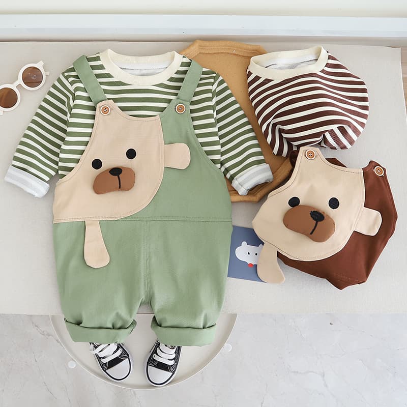 Children's spring and autumn two-piece baby boy's baby carrier set, super cute and stylish going out overalls, one-piece long-sleeved khaki