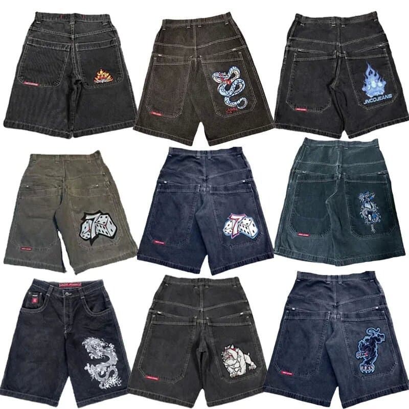 Cross-Border E-Commerce Jnco Shorts Y2K Hip-Hop 2023 Harajuku Gothic Pocket Loose Denim Shorts for Men