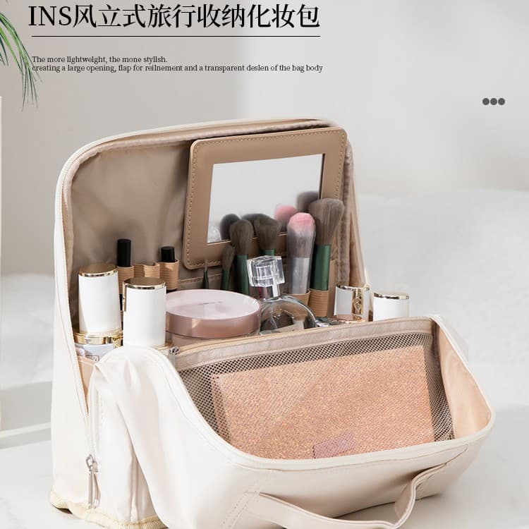 INS style vertical large capacity cosmetic bag women's travel portable storage bag waterproof PU leather portable makeup brush storage