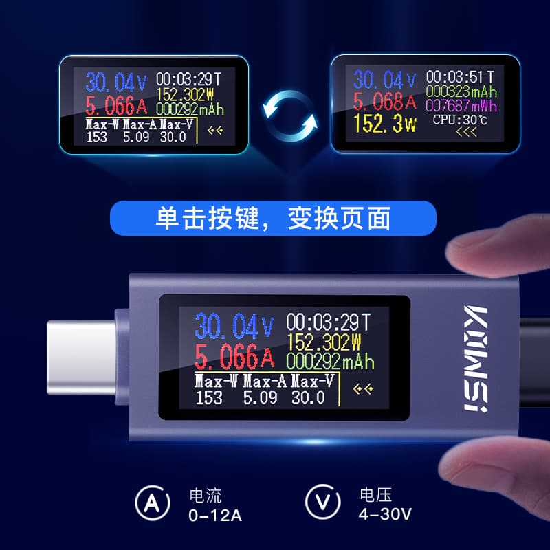 Keweisi KWS-2302C mobile phone charger tester, supports 12A high current, PD DC voltmeter and power meter.