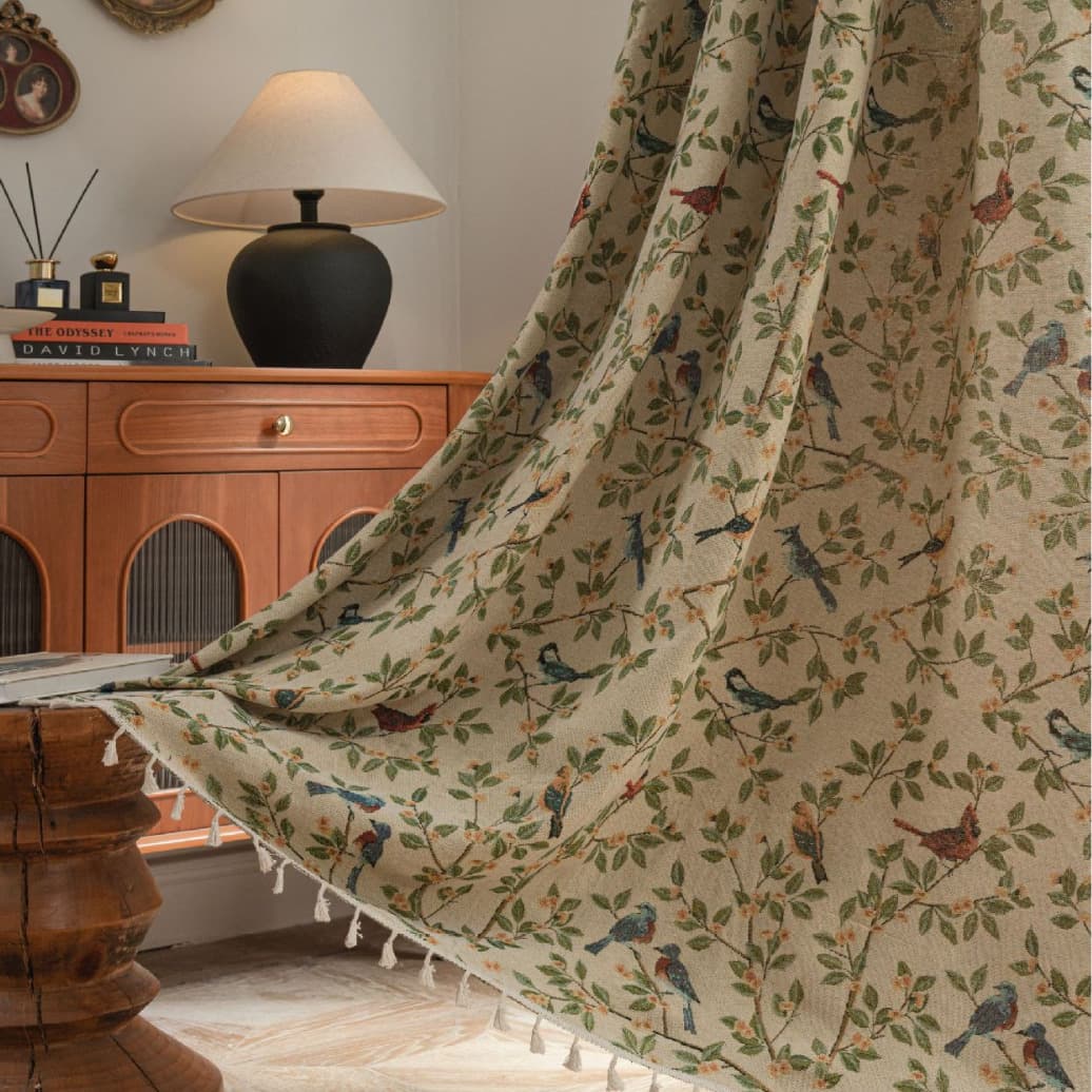 YMQY Embroidered Curtain Semi-Shade Finished Product Kitchen Window Balcony Floral Bird Patterned Drapes Commercial Grade Fabric