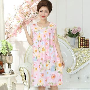 Summer Sweat-Absorbing Rayon Pajamas for Middle-Aged and Elderly Mothers, Cotton Silk Nightgown, Plus Size Dress, Street Stall Night Market