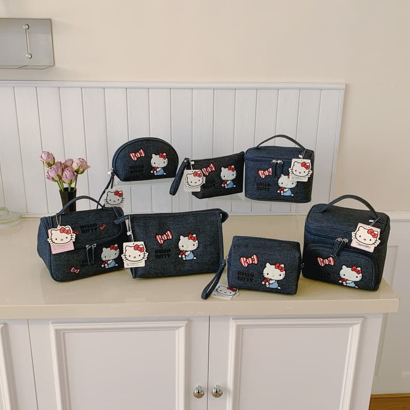 Hello Kitty officially licensed denim heavy embroidery makeup bag, cute large capacity handbag storage cosmetic case