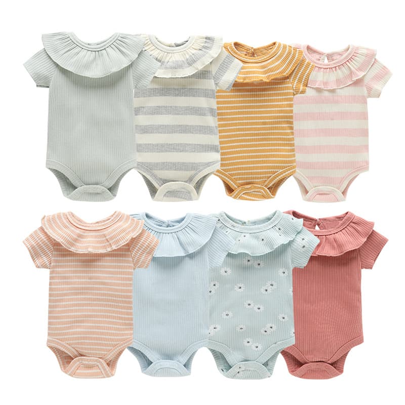 Summer new style short-sleeved baby triangle romper baby jumpsuit candy-colored romper for girls with lace collar and fart cover