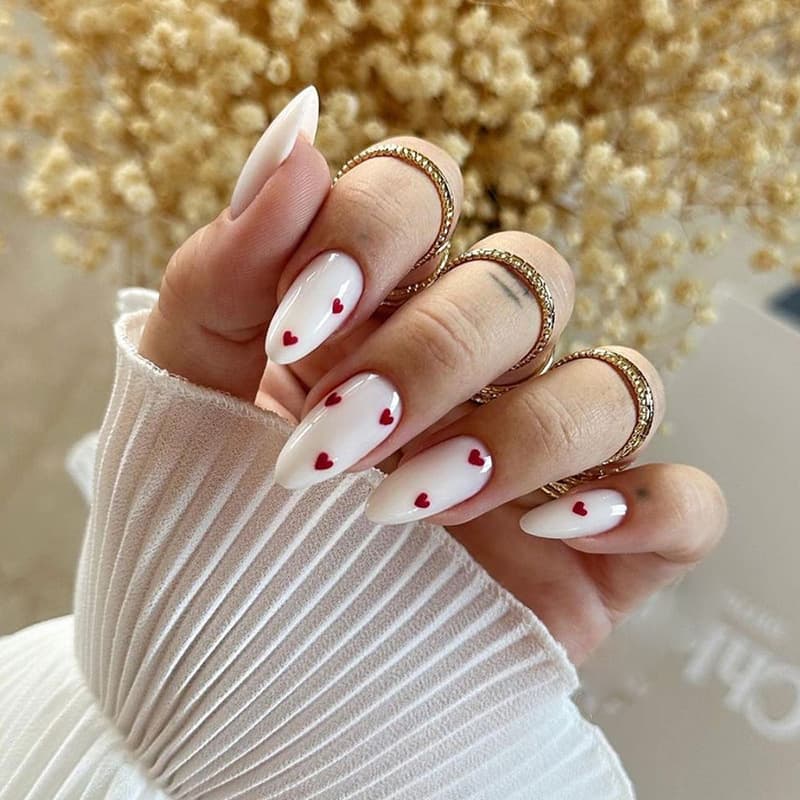 Yogurt White with Wine Red Heart Glitter Nails Valentine's Day Niche Youth Wearable Nails Red Heart Fake Nails