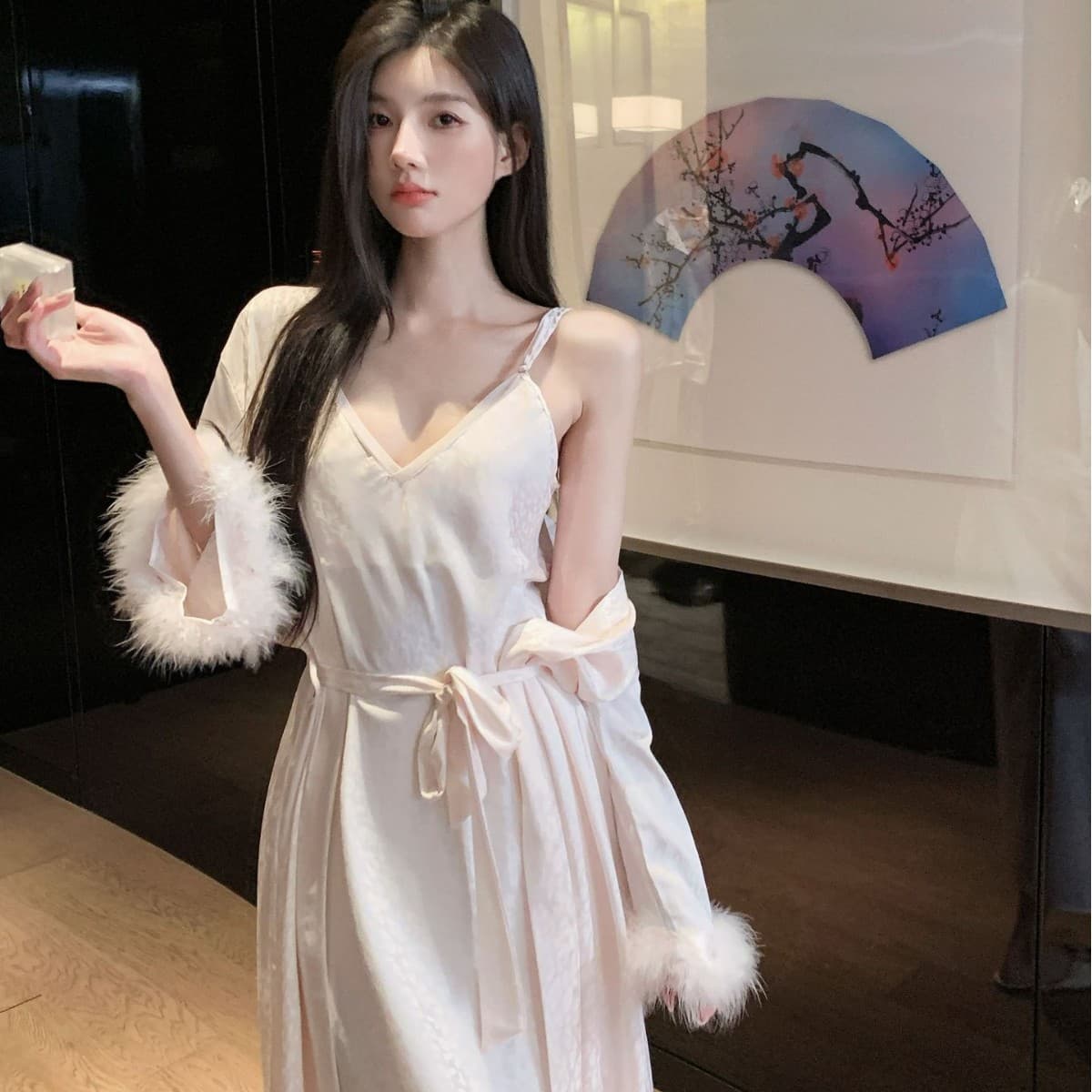 Spring/Summer New Women's Pajama Set: Camisole Ice Silk Sexy Nightgown with Lace, Built-in Bra Pads, and Robe Two-Piece Set