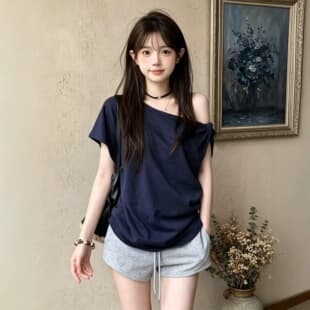 Navy Blue Off-Shoulder Short-Sleeve T-Shirt Women's 2026 Summer New Korean Fashion Casual Versatile Bare Shoulder Top
