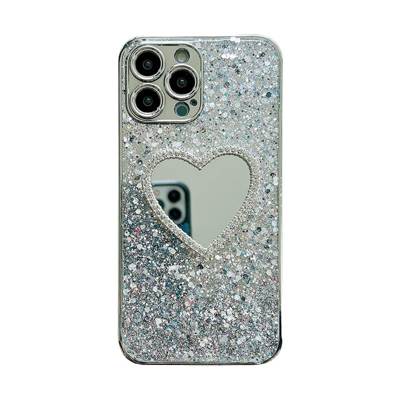 Silver Glitter Heart Mirror Case for iPhone 15 Pro Max, Apple 14 Protective Cover 13/12